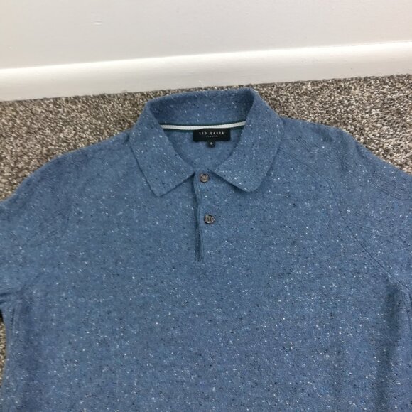 Ted Baker London Polo Shirt Ustee Wool Cable Knit Marled Blue Mens 2 Small - Picture 1 of 8